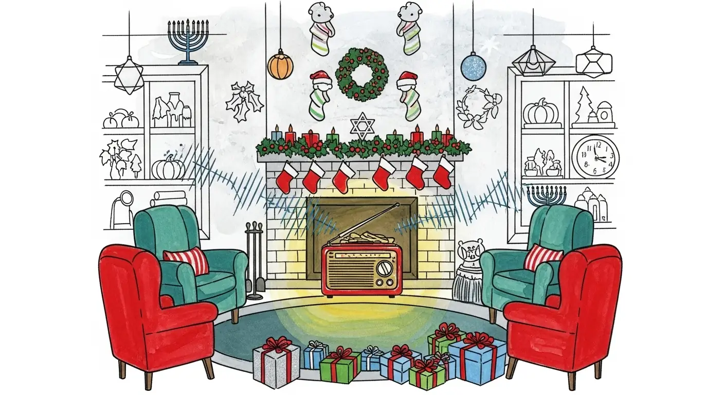 Holiday themed musical background with Christmas and Hanukkah decorations